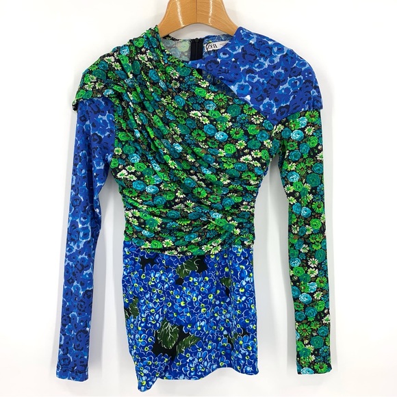 Zara NWOT Draped Blue and Green Printed Colour-blocked Long Sleeve Top, XS - Picture 12 of 16